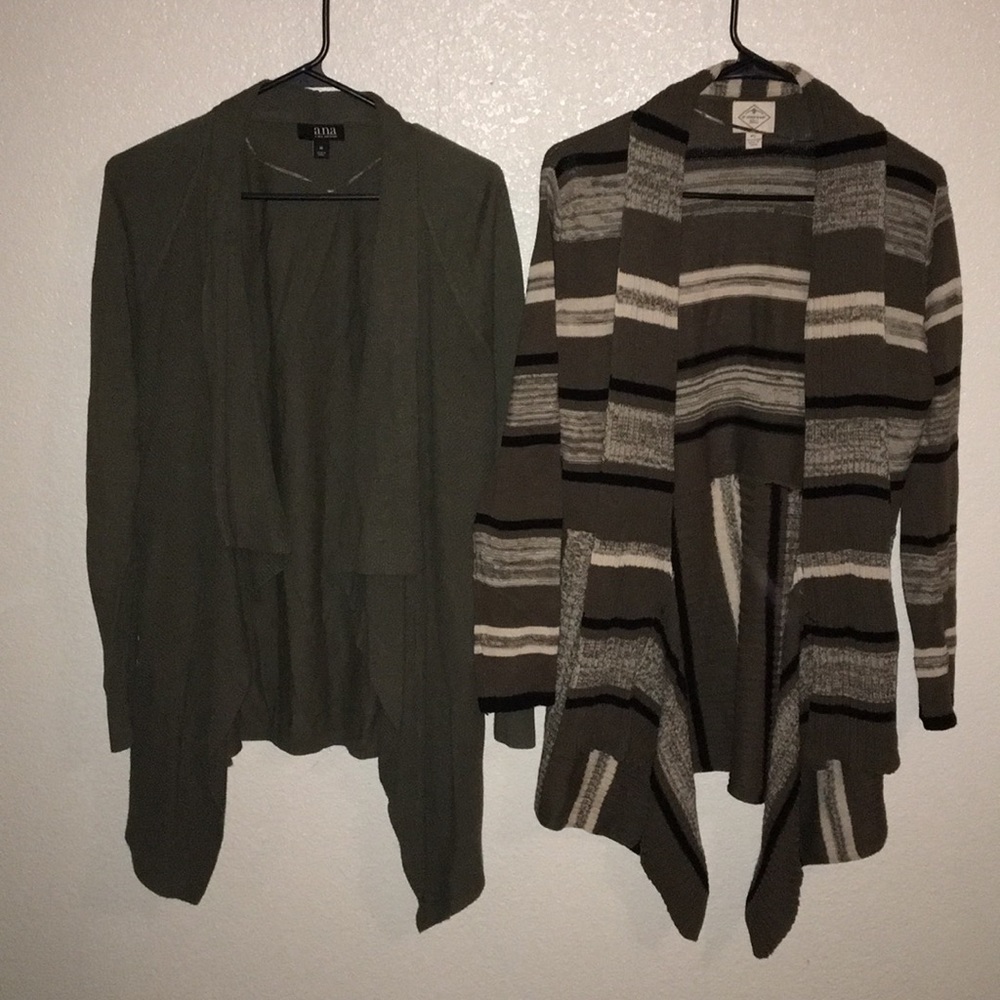 Two olive green cardigans both fit like large